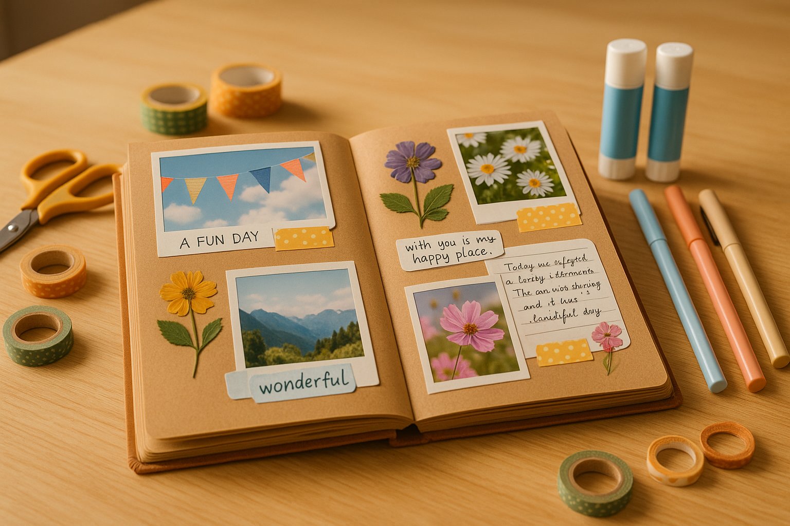 A workspace with an open scrapbook displaying colorful themed pages surrounded by various scrapbooking supplies on a wooden table.