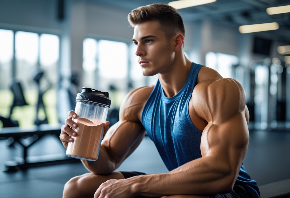 A fit young man sitting on a gym bench after a workout, holding a shaker bottle with creatine supplement powder inside.