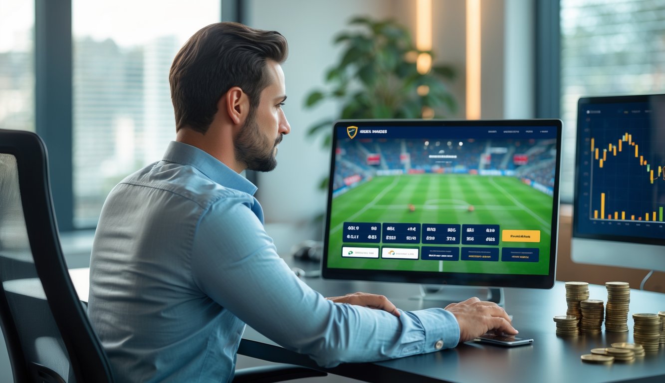 Seorang pria duduk di depan laptop di kantor modern, fokus pada layar yang menampilkan situs taruhan bola dengan grafik pertandingan dan peluang.