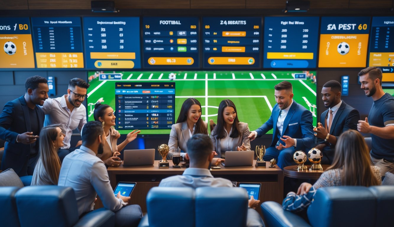 Sekelompok orang sedang melihat layar besar dengan statistik pertandingan sepak bola di sebuah ruang taruhan olahraga yang modern dan nyaman.