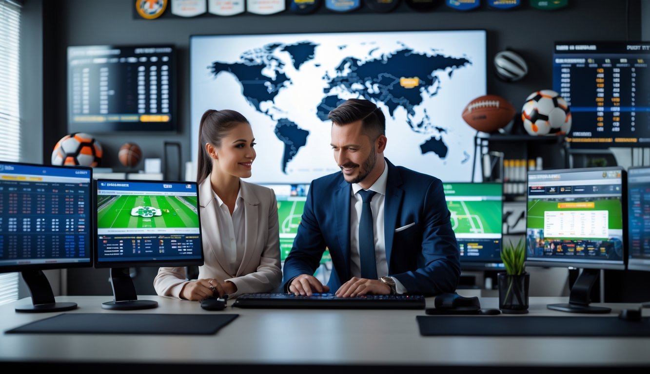 Seorang pria dan wanita bekerja bersama di kantor modern dengan beberapa layar komputer yang menampilkan pertandingan olahraga dan peluang taruhan.