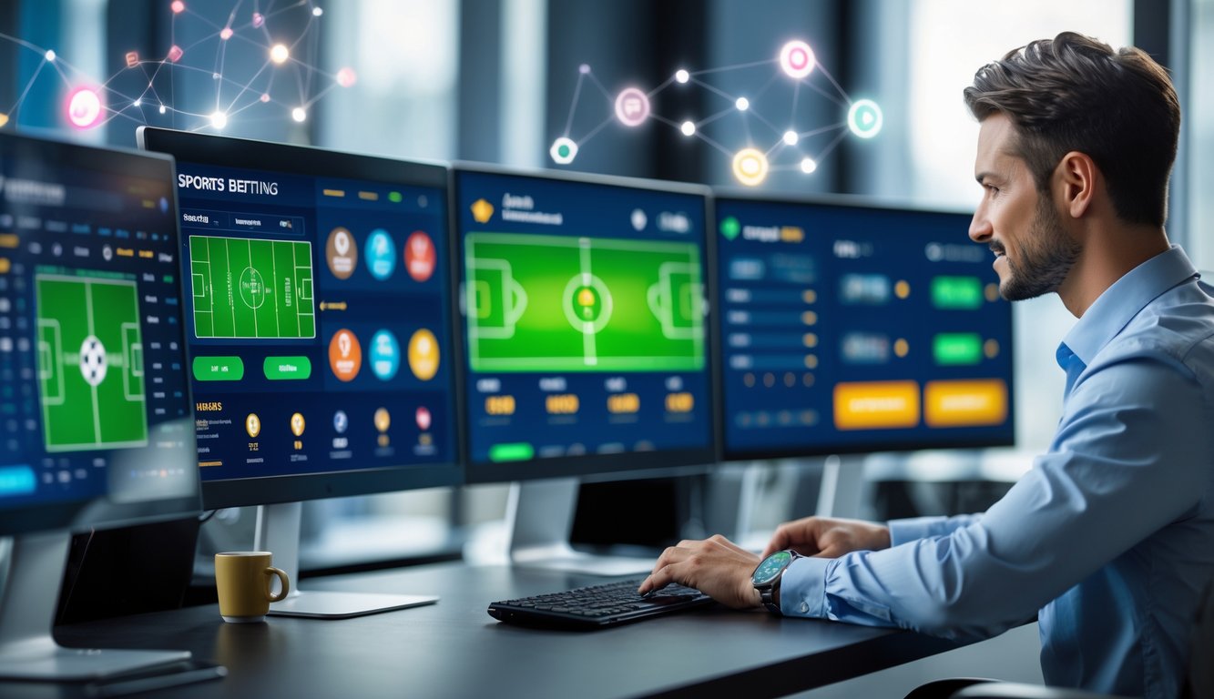 Seseorang sedang menggunakan komputer dengan tampilan data taruhan sepak bola di layar dalam ruangan kerja modern.