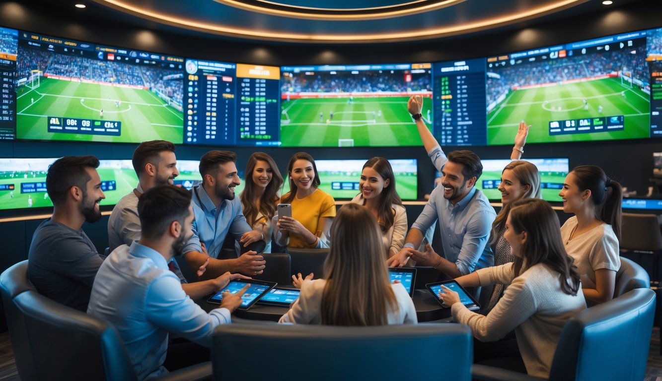 Sekelompok orang antusias sedang menonton pertandingan sepak bola dan memasang taruhan di sebuah ruang taruhan modern dengan layar besar.