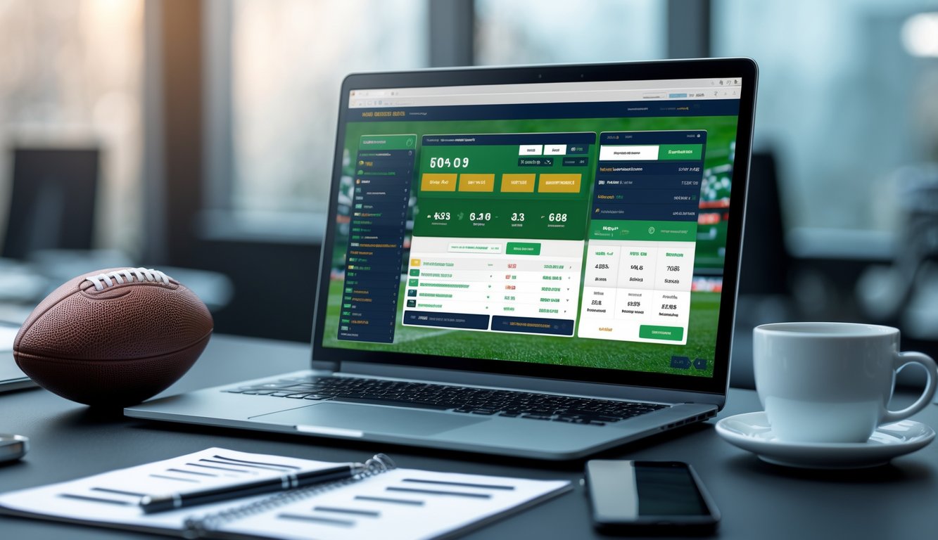 Sebuah laptop dan ponsel di meja yang menampilkan tampilan situs taruhan bola online dengan bola kecil dan catatan di sampingnya.