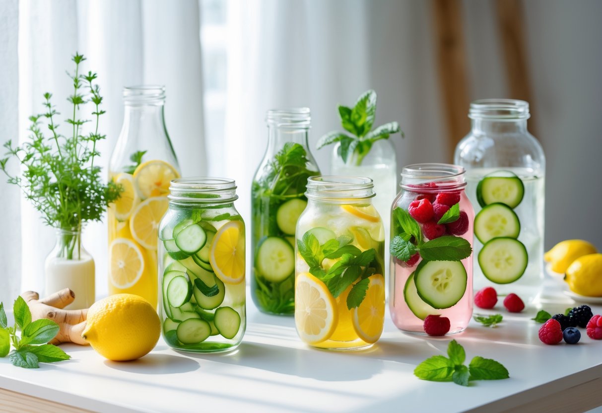 A variety of clear glass bottles and jars filled with colorful detox drinks containing fresh lemon, cucumber, mint, ginger, and berries arranged on a wooden table with fresh ingredients around them.