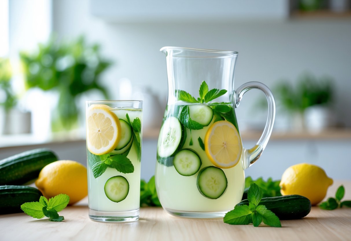 A glass and pitcher of a light detox drink with lemon, cucumber, and mint on a wooden table surrounded by fresh ingredients.