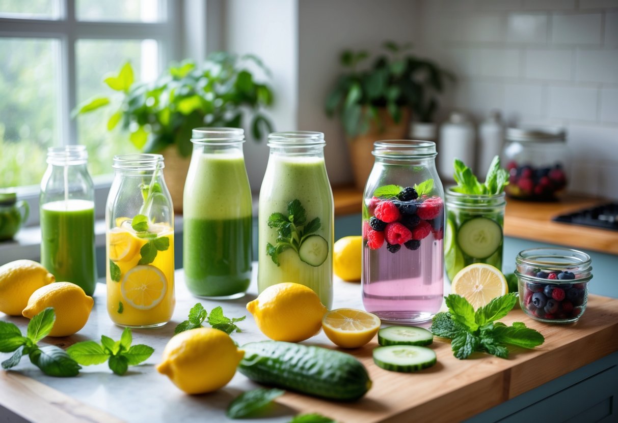 A kitchen countertop with various colorful detox drinks in glass bottles surrounded by fresh fruits, vegetables, and herbs.