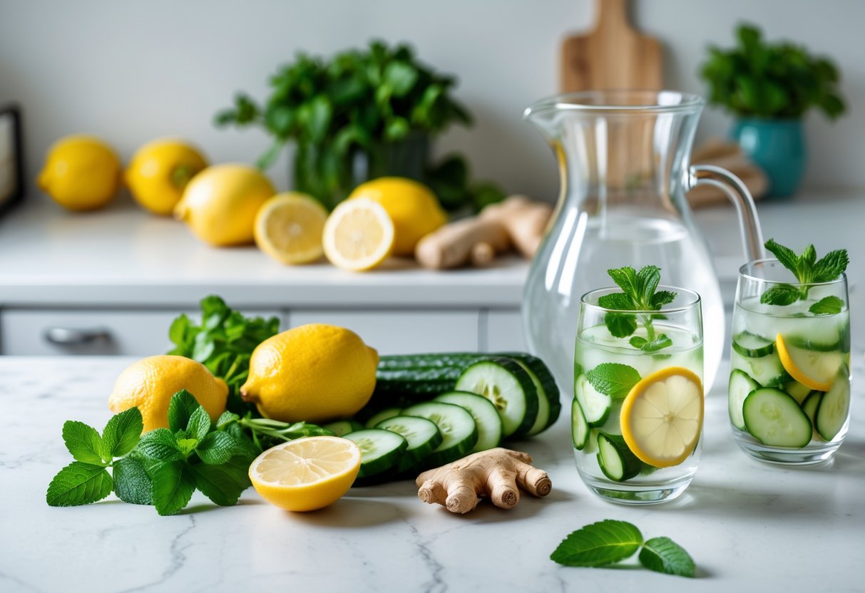 A kitchen countertop with fresh lemons, mint leaves, cucumber slices, ginger root, and a glass pitcher and glasses of infused detox water.