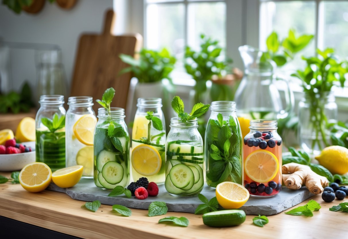 A kitchen countertop with clear glass bottles and jars filled with colorful detox drinks made from fresh fruits and herbs like lemon, cucumber, mint, and berries.