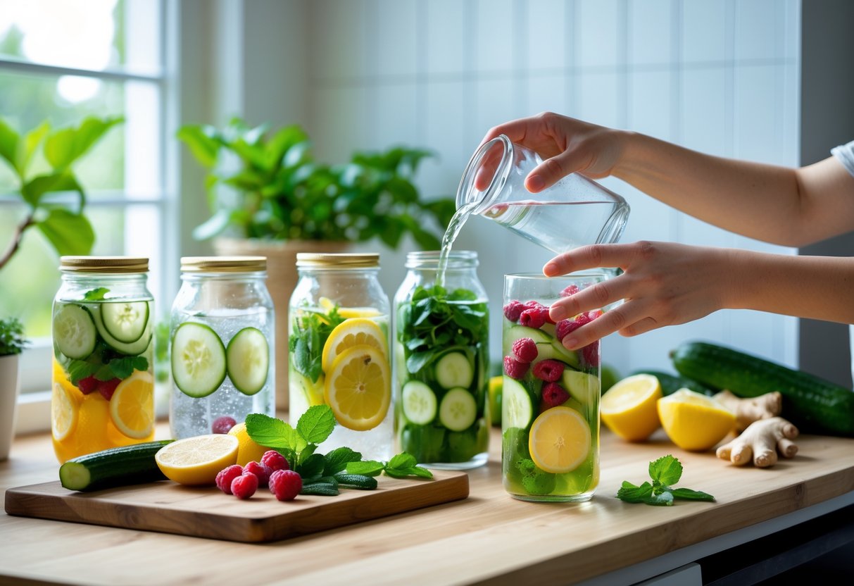 A kitchen countertop with fresh ingredients and glass jars of colorful detox drinks, with hands pouring a drink into a glass.