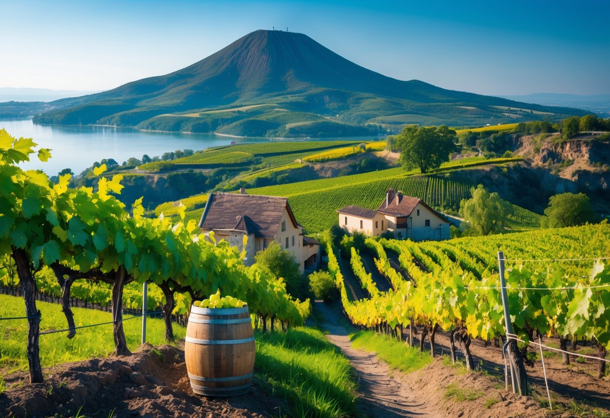 Vineyards on volcanic hills near Lake Balaton with a volcanic hill in the background and ripe grapes in the foreground.