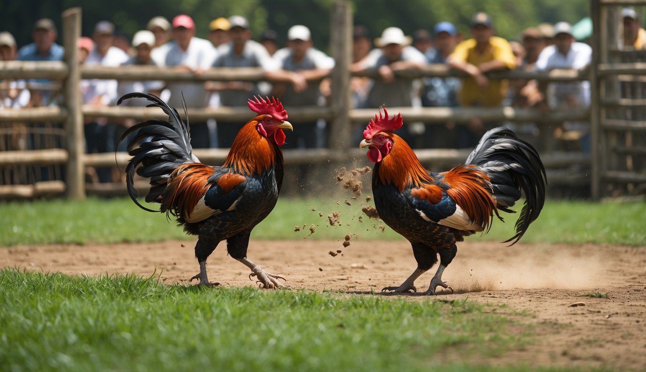 Dua ayam jago sedang bertarung di arena terbuka dengan penonton di latar belakang.