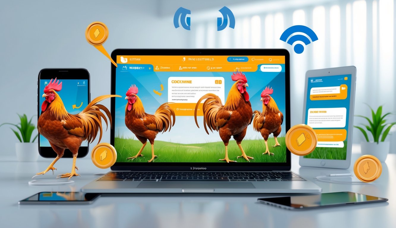 Sebuah ruang kerja digital modern dengan laptop yang menampilkan gambar ayam jago dan perangkat teknologi di sekitarnya.