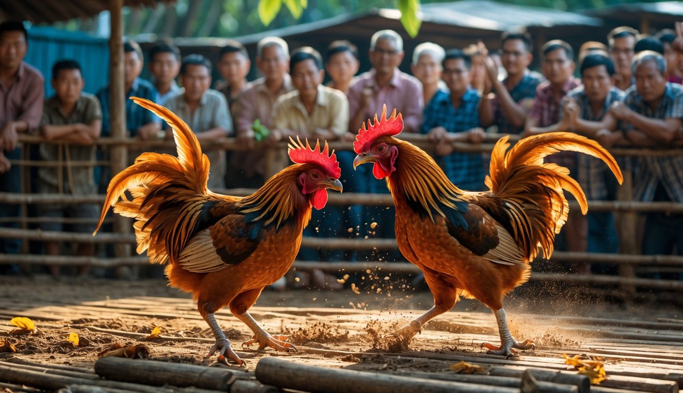 Dua ayam jantan sedang bertarung di arena kayu dengan sekelompok orang menonton di sekitarnya.