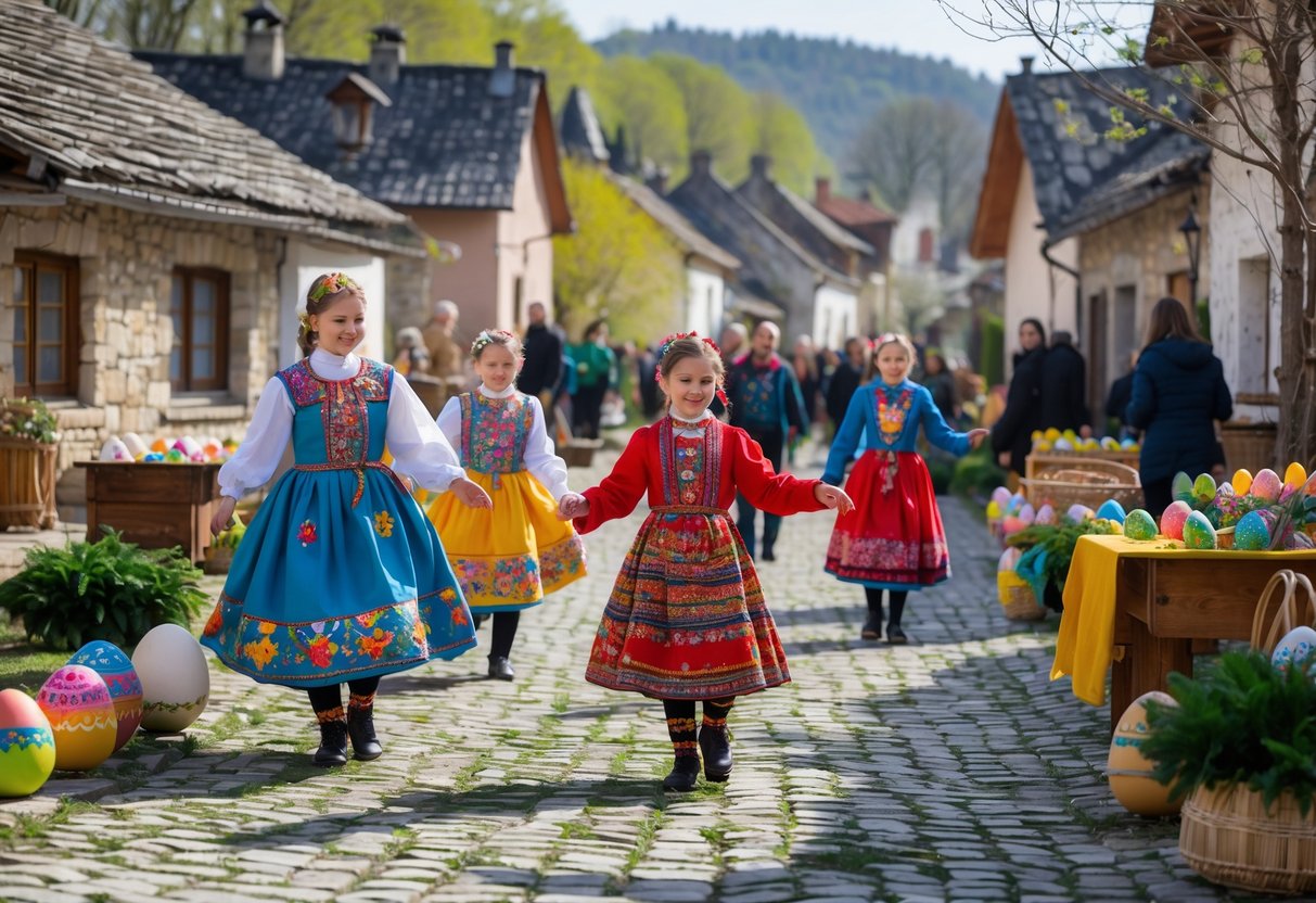 Villagers in colorful traditional clothing celebrating Easter in a historic village with stone houses and cobblestone streets.