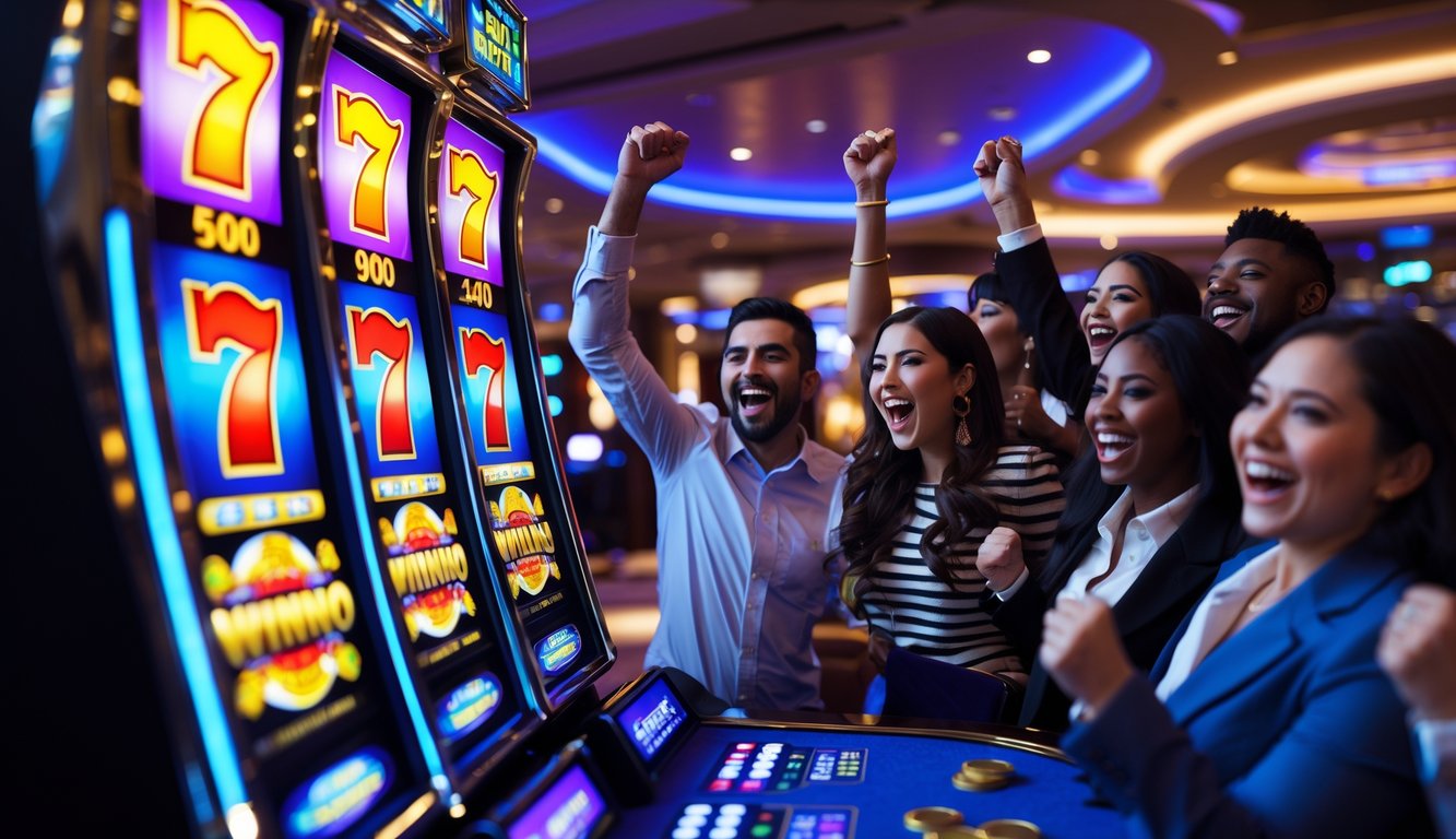 Orang-orang merayakan kemenangan jackpot besar pada mesin slot digital di dalam kasino mewah.
