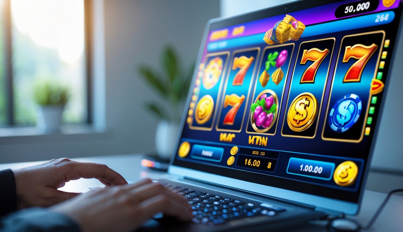 Seorang pengguna bermain permainan slot online di komputer dengan latar belakang ruangan yang rapi dan pencahayaan lembut.