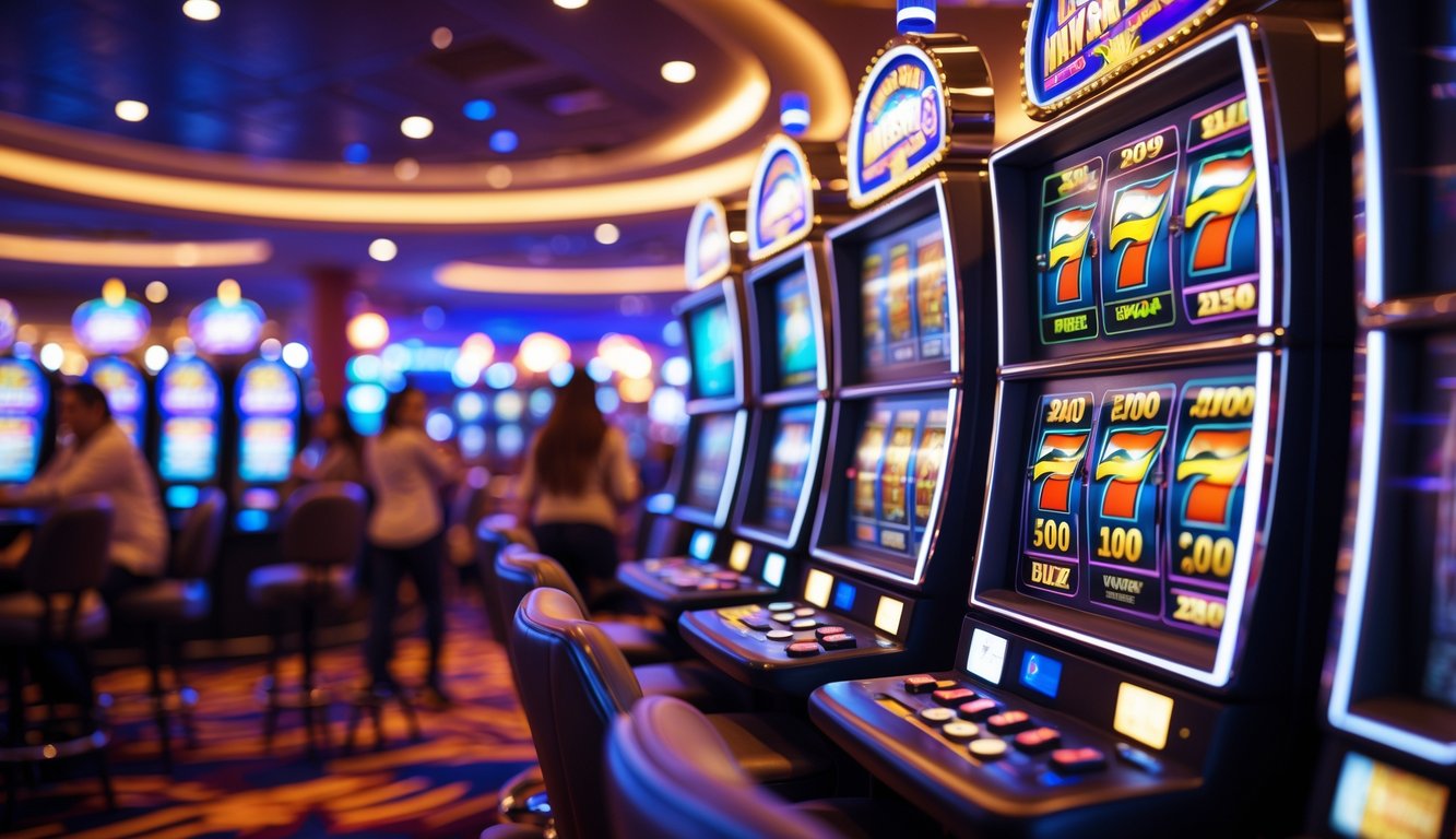 Mesin slot modern berwarna-warni dengan lampu terang di dalam kasino yang ramai.
