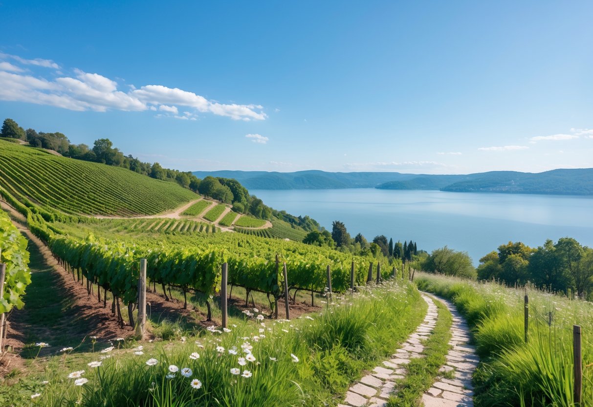 A scenic view of vineyard-covered hills near a large lake under a clear blue sky.