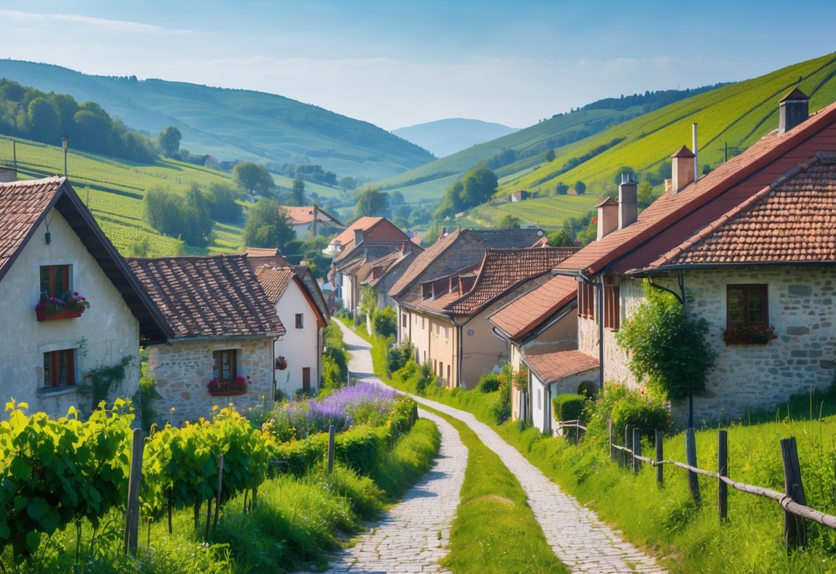 A peaceful village with traditional houses, cobblestone path, green hills, and vineyards under a clear blue sky.