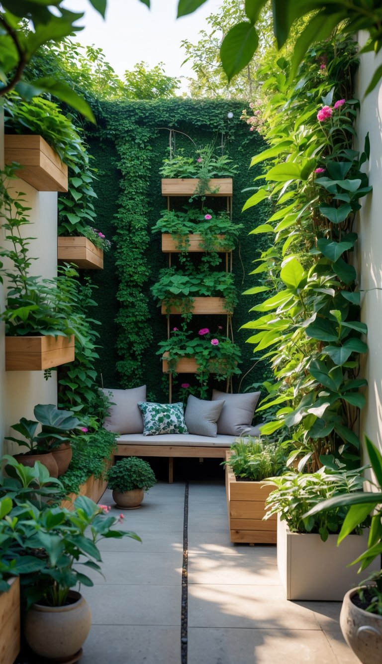Small patio garden with vertical garden walls covered in green plants and flowers, featuring wooden planters and a cozy seating area.