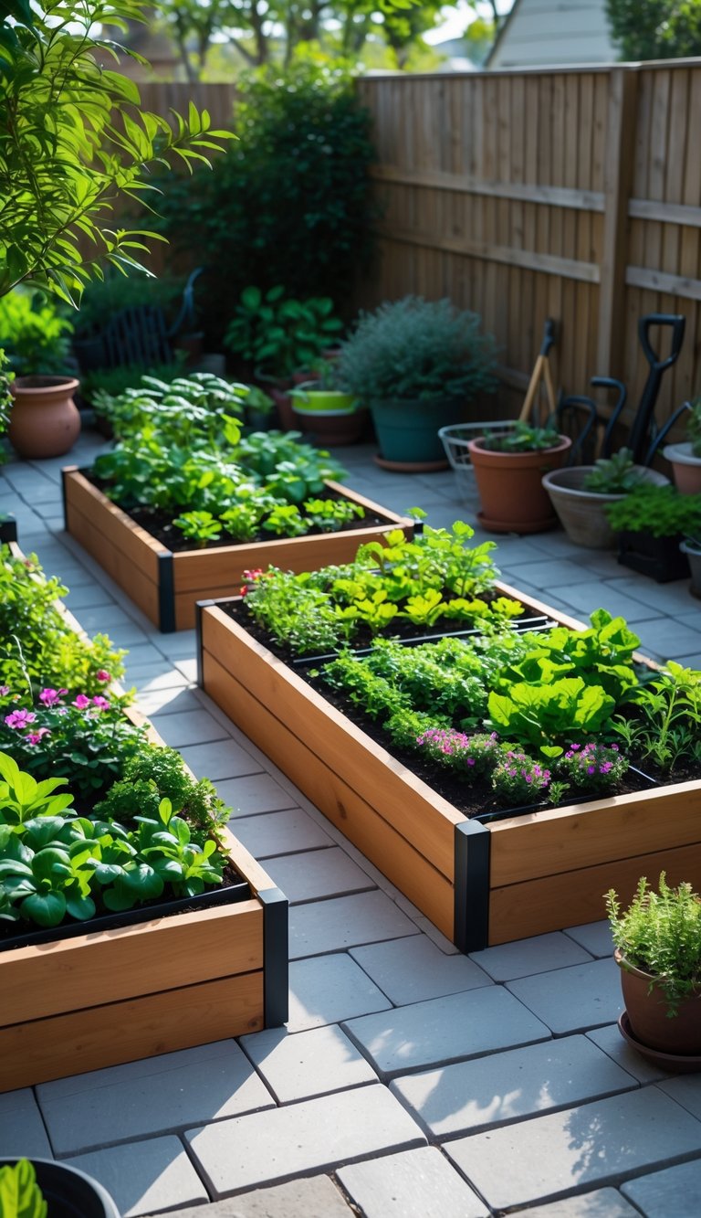 Small patio with multiple compact raised garden beds filled with various plants and flowers.