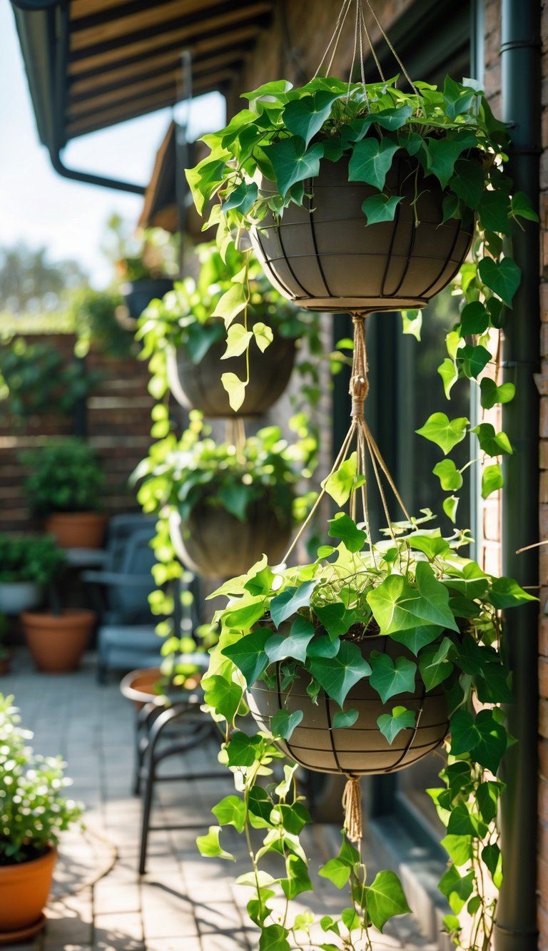 Small patio garden with hanging planters filled with trailing ivy plants.