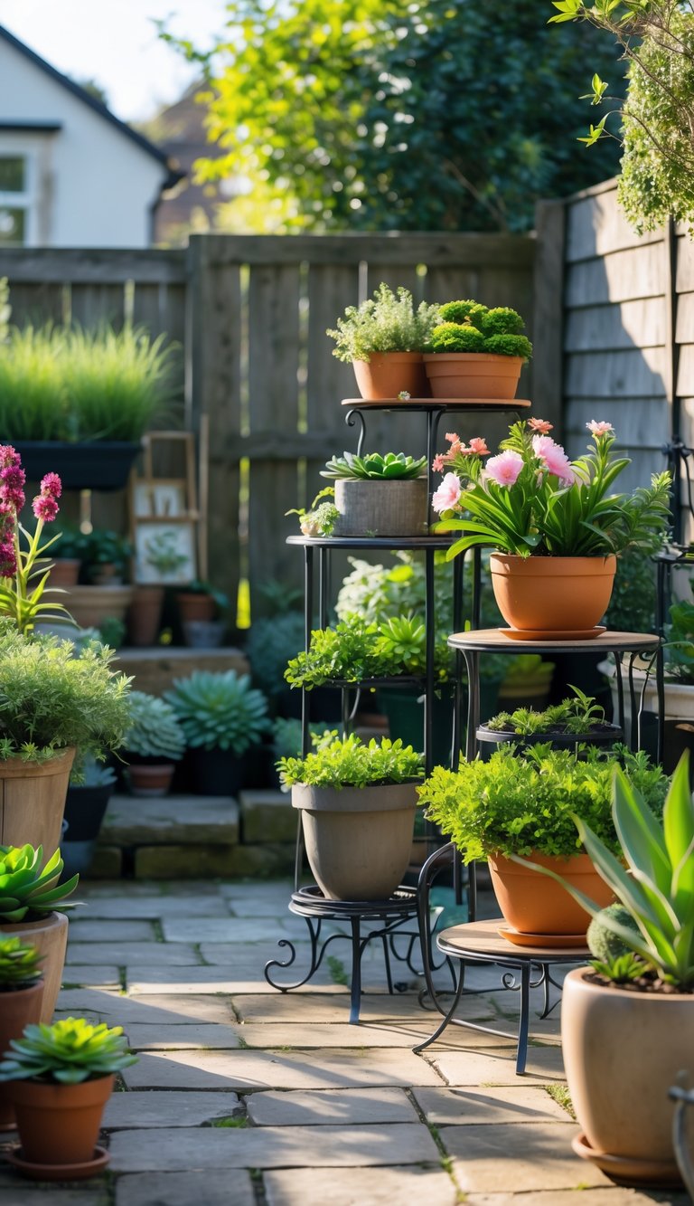 A small patio garden with multi-tiered plant stands holding various colorful potted plants arranged at different heights.