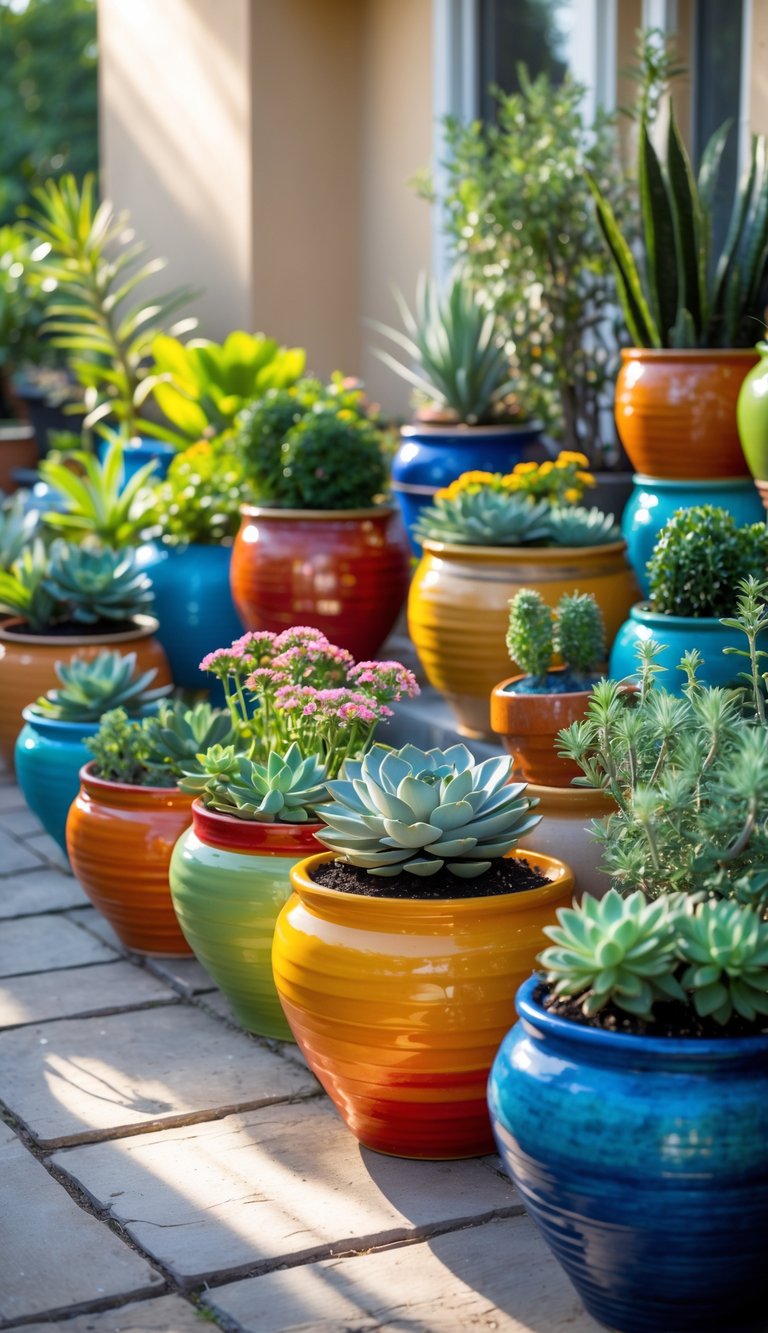 A small patio garden with colorful ceramic pots filled with various green plants and flowers.