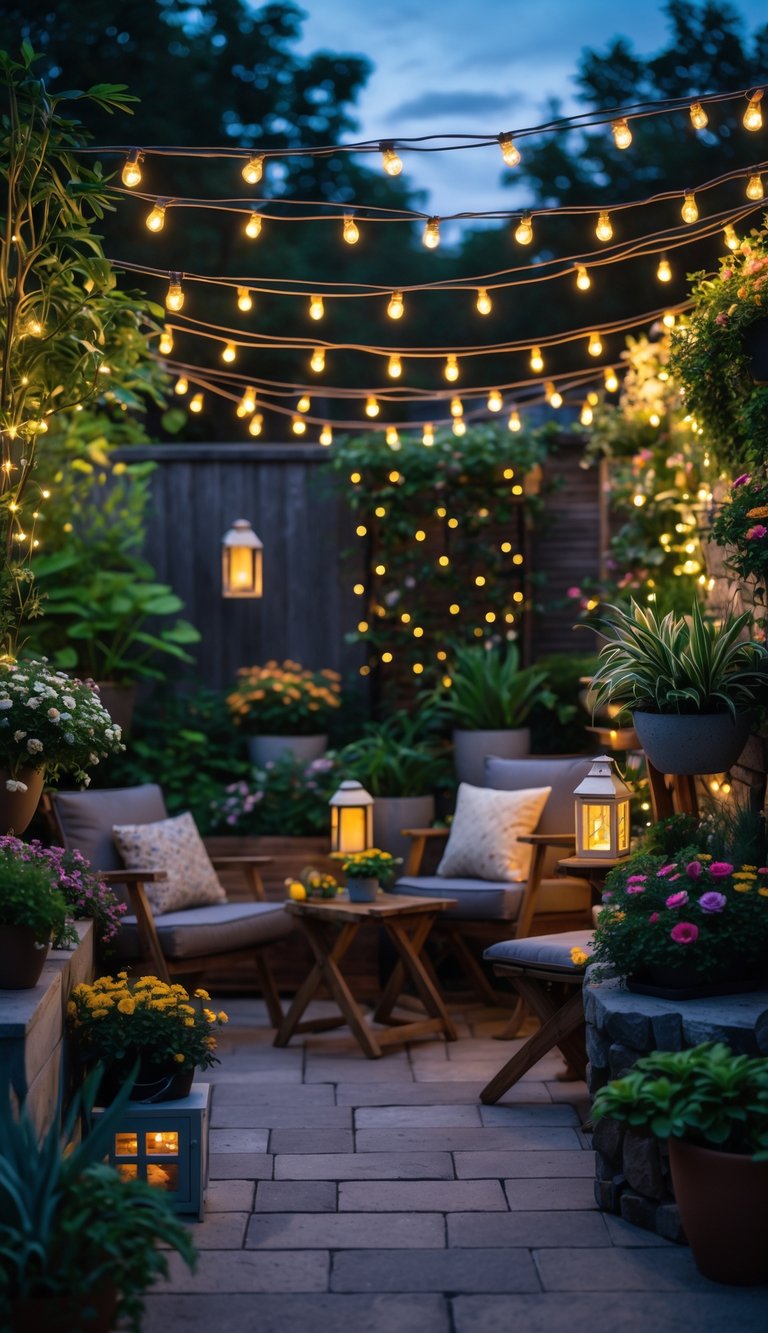 Small patio garden at dusk with solar-powered fairy lights glowing above plants and wooden furniture.