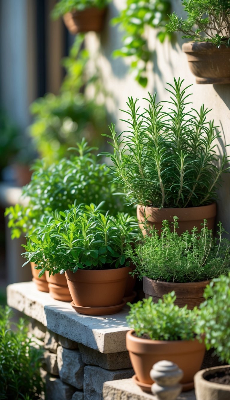 A small patio garden with rosemary and thyme plants growing in pots and planters.