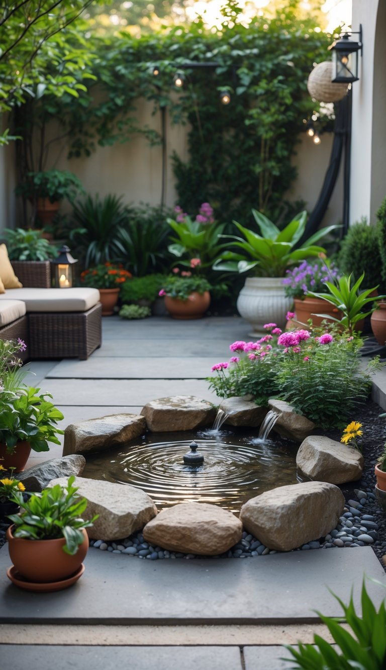 A small stone water feature surrounded by green plants and flowers in a cozy patio garden.
