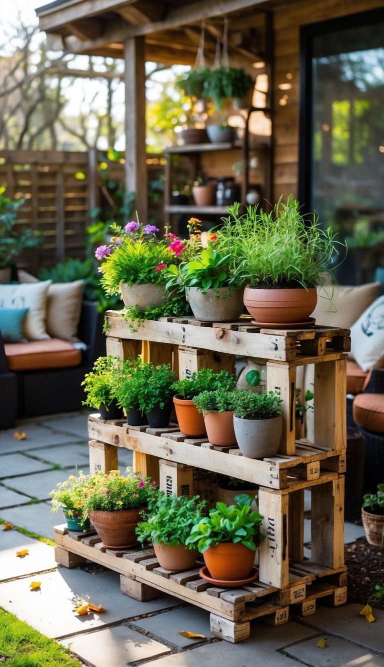 Small patio garden with wooden pallet planter shelves filled with green plants and colorful flowers.