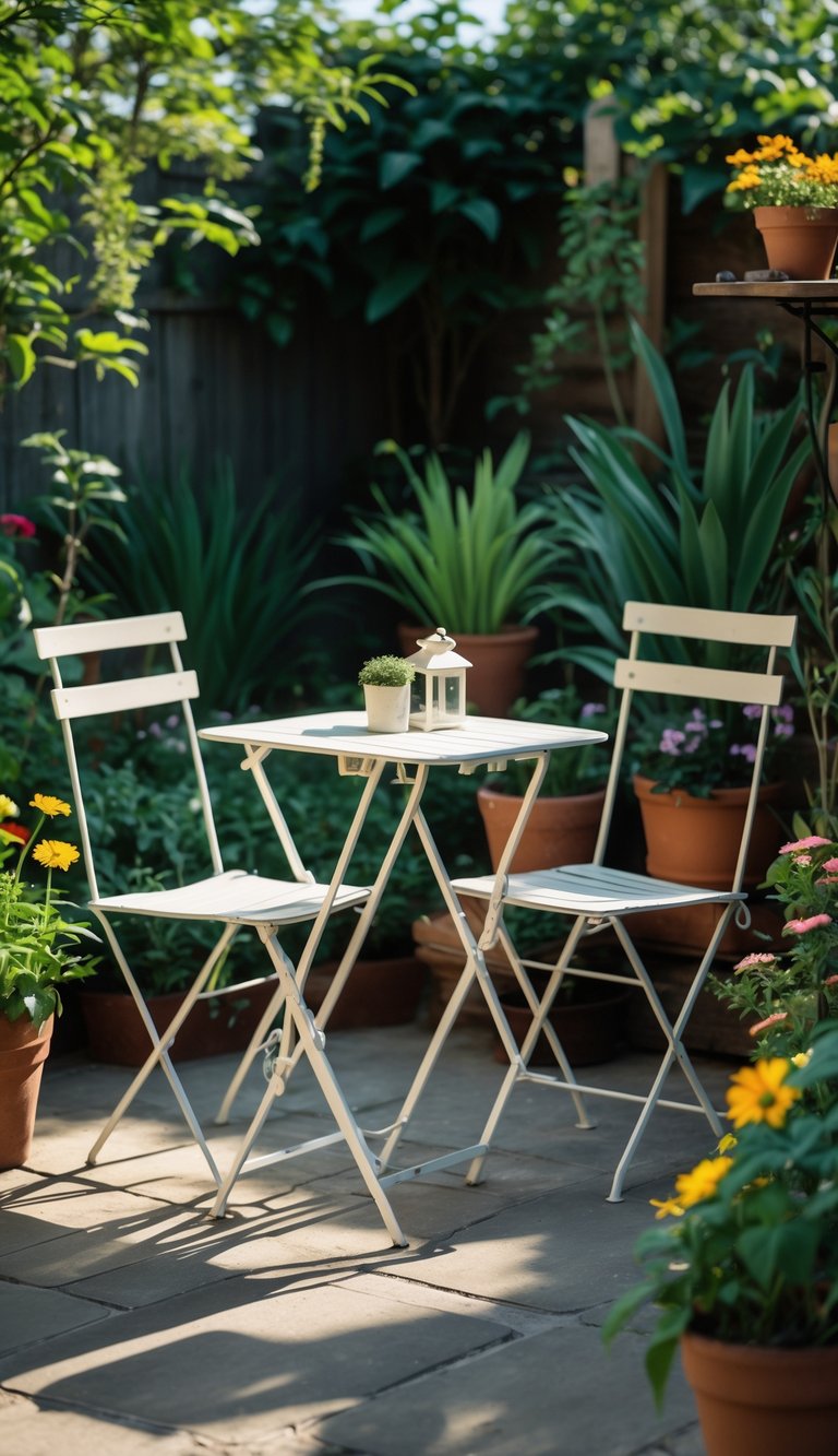 Small outdoor patio with a foldable bistro table and two foldable chairs surrounded by plants and flowers.