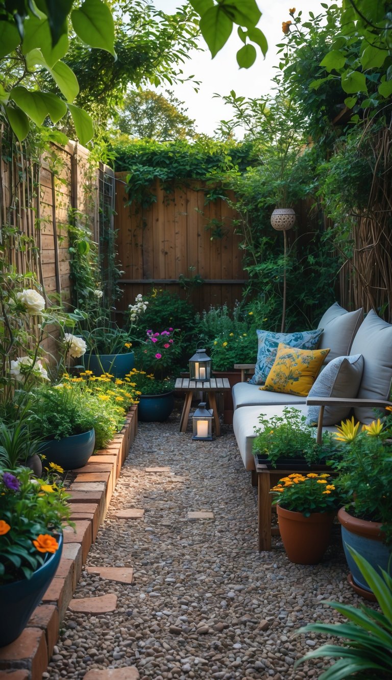 A small patio garden with crushed brick and gravel flooring, surrounded by plants, flowers, and outdoor seating.