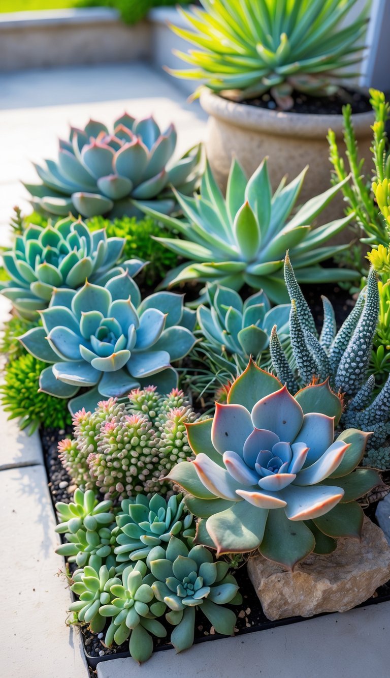 A small patio garden filled with a variety of colorful succulents in different pots and planters.