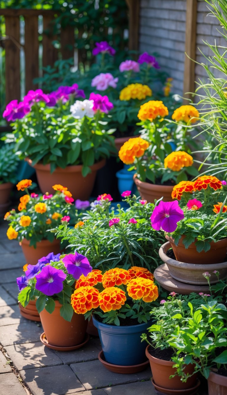 A small patio garden with colorful petunias and marigolds in pots and planters, bathed in natural sunlight.