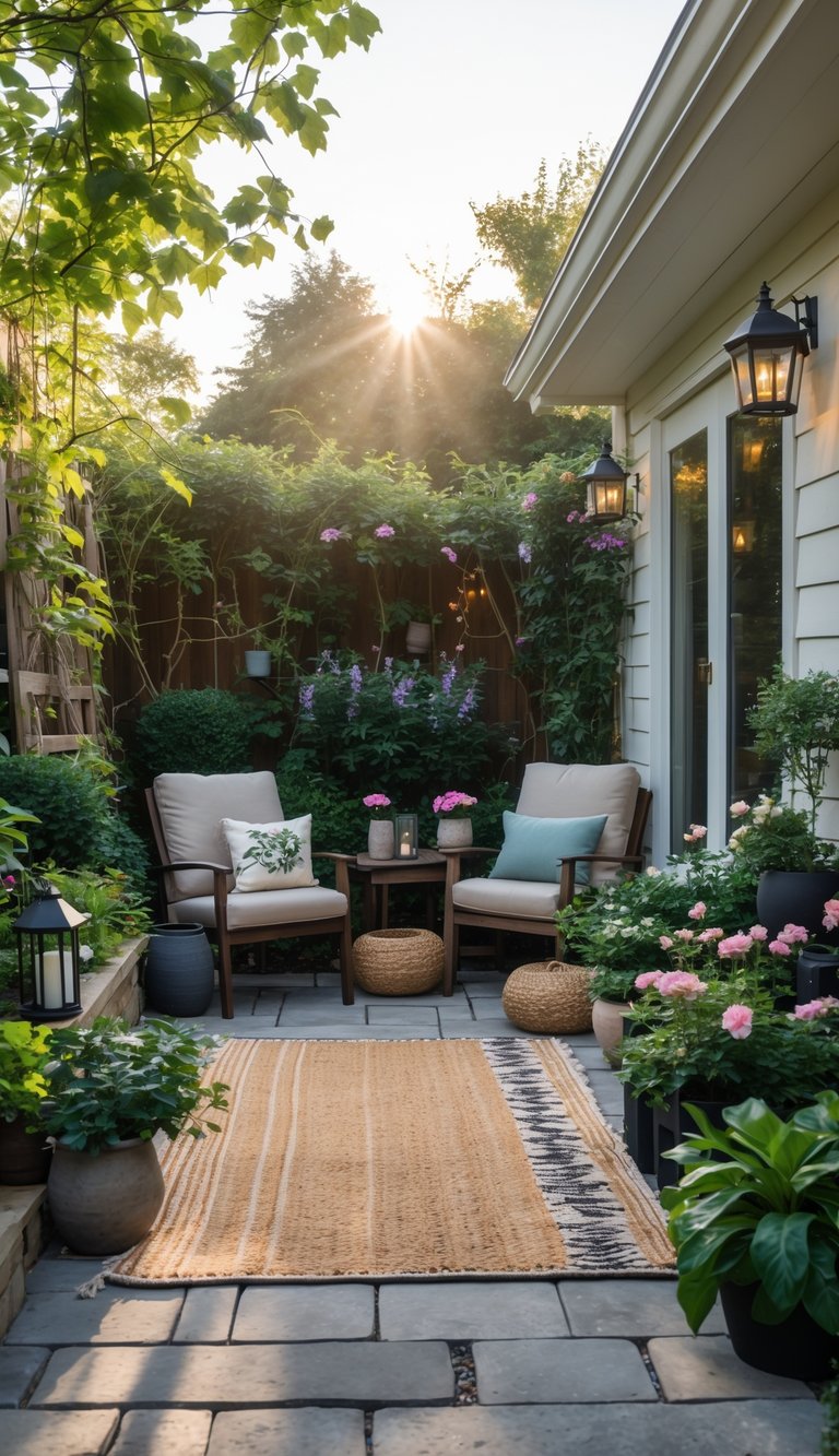 A small patio garden with outdoor rugs, chairs, a table, and green plants creating a cozy seating area.