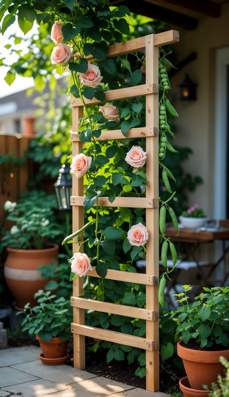 A small patio garden with a wooden trellis supporting climbing roses and pea plants surrounded by potted greenery and garden decorations.