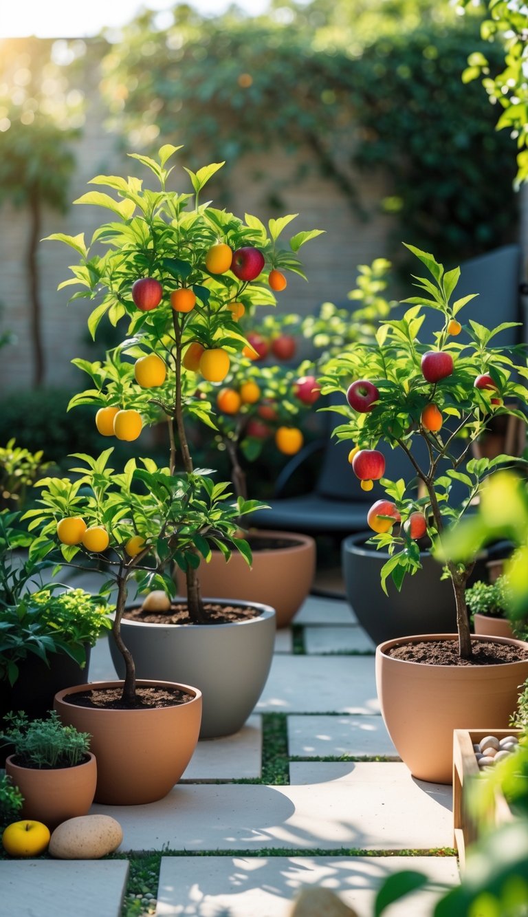 Miniature fruit trees in containers arranged on a small patio garden with green leaves and colorful fruits.