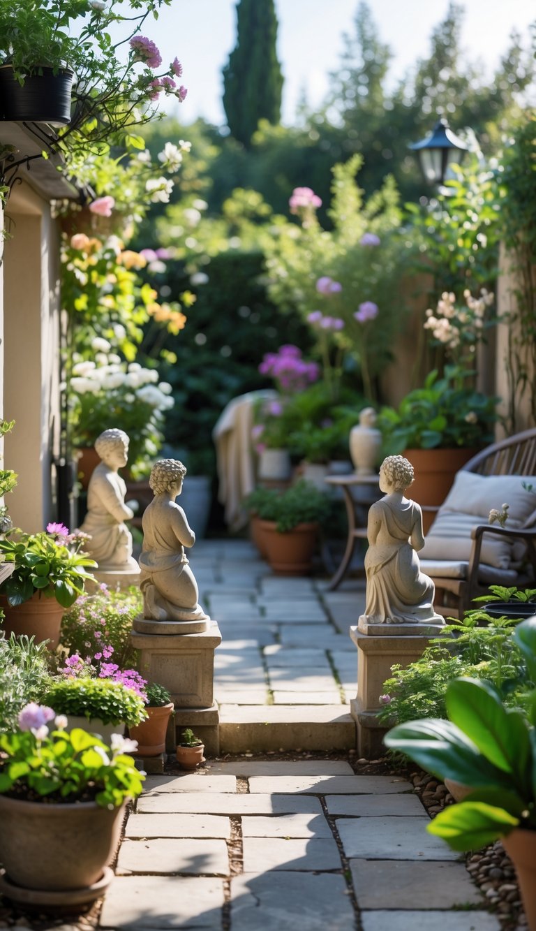 A small patio garden with decorative statues surrounded by plants and flowers, featuring a stone pathway and outdoor seating.