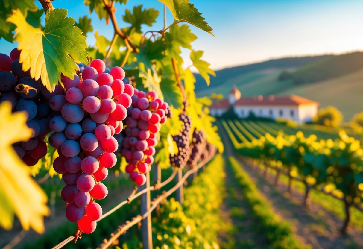 Vineyard with ripe red grapes hanging on vines, rolling hills, and a winery building under a clear blue sky.