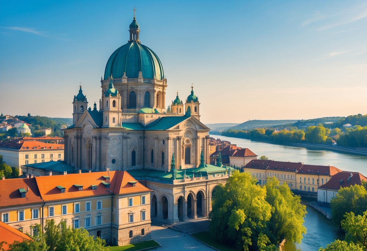 View of Esztergom Basilica with historic buildings and the Danube River under a clear sky.