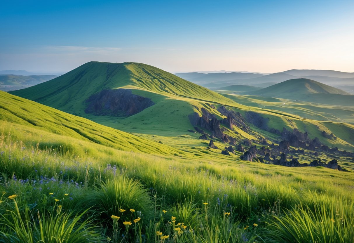 A scenic view of green volcanic hills with rocky outcrops and wildflowers under a clear blue sky.