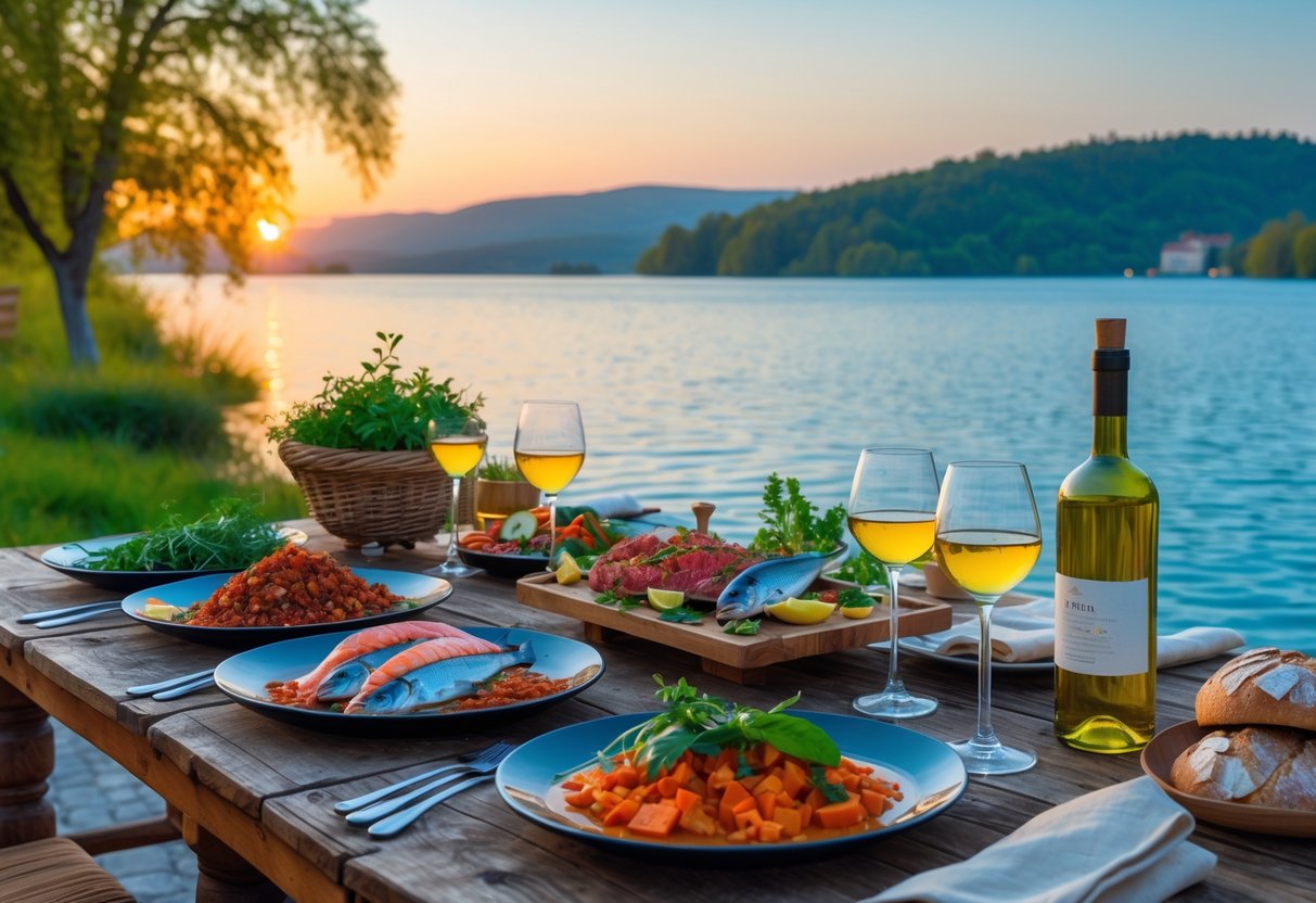 A table by Lake Balaton set with traditional Hungarian dishes, local wines, and fresh ingredients during sunset.