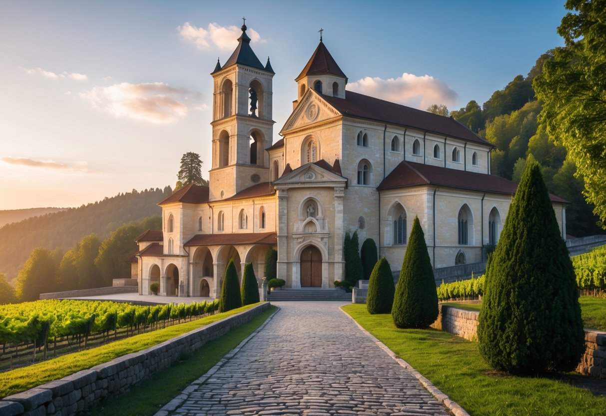 View of Pannonhalma Archabbey on a hill surrounded by trees and vineyards under a clear sky.