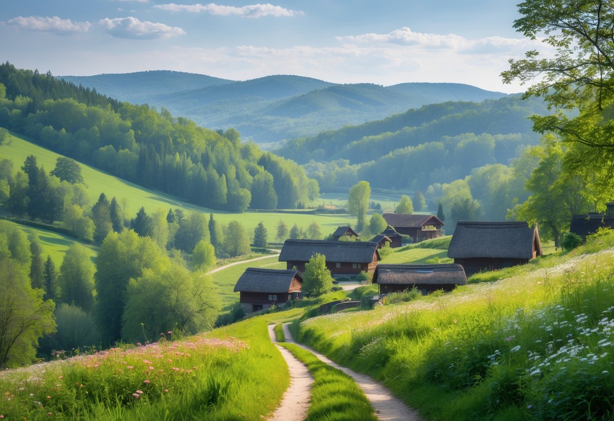 A peaceful countryside scene with green hills, forests, wildflowers, and traditional wooden farmhouses under a blue sky.