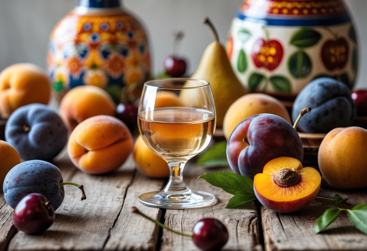 A glass of clear fruit brandy on a wooden table surrounded by fresh plums, apricots, cherries, and pears, with a traditional Hungarian ceramic bottle in the background.