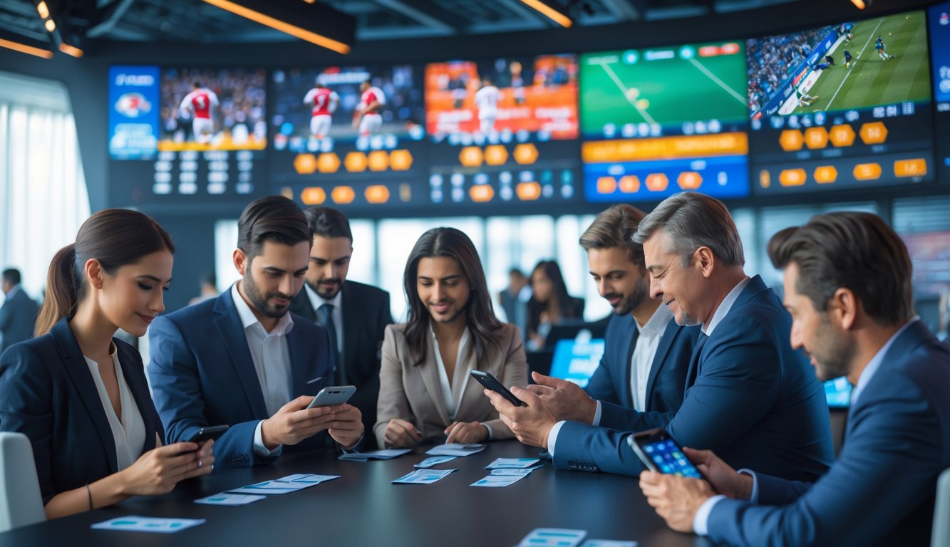 Orang-orang sedang memasang taruhan olahraga dengan layar digital menampilkan pertandingan sepak bola dan basket di latar belakang.