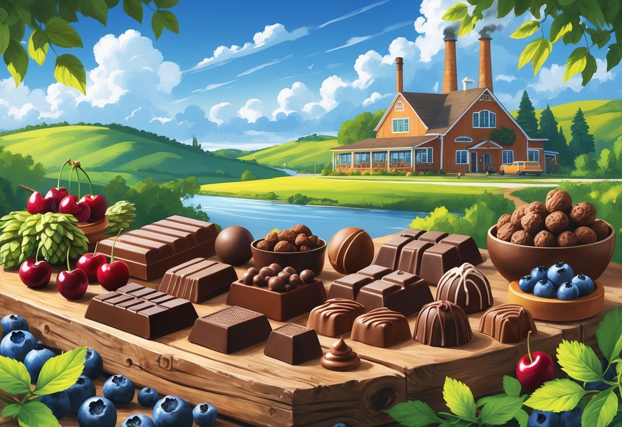 A wooden table filled with various chocolates and fresh Michigan fruits, set outdoors with green hills and a chocolate factory in the background.